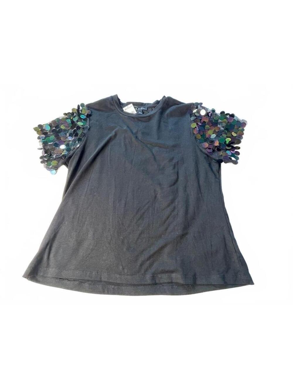 a love story XL Black Top with Iridescent Sequin Sleeve Accents